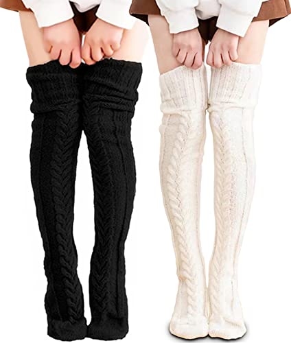 VETHIN Women's Cable Knit Thigh High Socks Over Knee High Long Leg Stockings Extra Long Winter Long Boot Leg Warmers - One Size - 2pcs White/Black