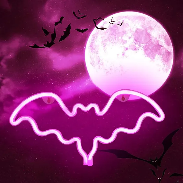 LED Neon Bat Lights Halloween Decor, Bat Shape Neon Signs Night Lights Battery Operated Desk Table Lamp for Bedroom, Bar, Wall, Halloween Decor-Bat(Pink) - Pink