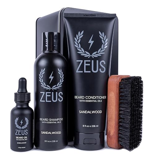 ZEUS Deluxe Beard Wash & Grooming Kit for Men – Natural Beard Oil, Beard Wash Combo & Beard Brush Gift Set (Sandalwood) - Scent: Sandalwood