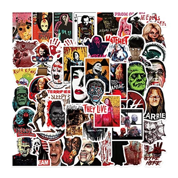 50PCS Asverbet Horror Movie Stickers Pack Scary Thriller Killer Mixed Movie Themed Stickers Halloween Stickers Bulk for Water Bottle Laptop Skateboard Vinyl Waterproof Movie Stickers for Adults