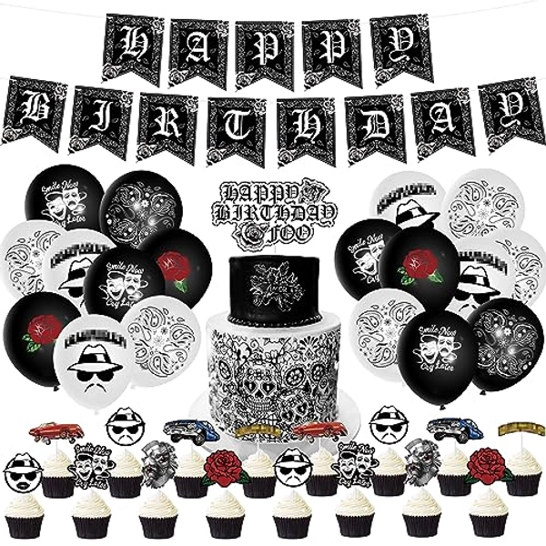Wood Homing Cholo Birthday Party Decorations, Early 2000s Party Kit for Teens, Old School Black Cholo Theme Balloon, Happy Birthday Banner and Cake Topper for Party Decor, Cholo Theme Party Supplies