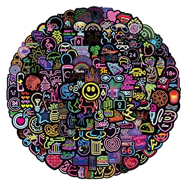 200Pcs Neon Style Stickers Decals, Cool Neon Light Stickers for Kids Teens Adults, Waterproof Vinyl Stickers for Laptop Water Bottle Guitar Skateboard
