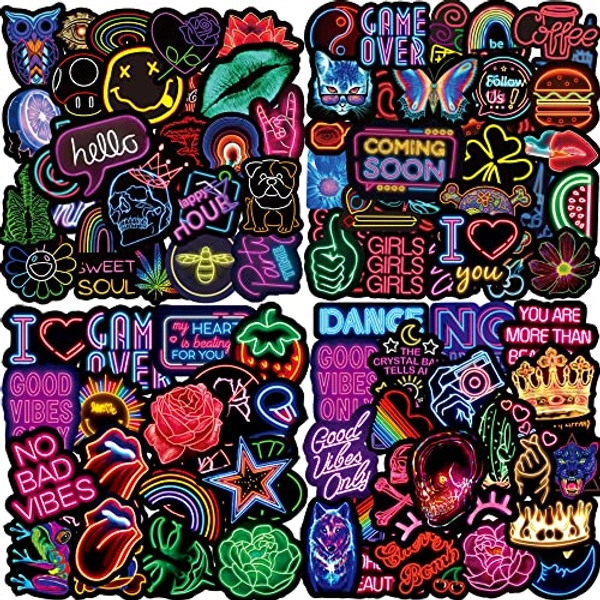 100PCS Neon Stickers for Laptop,Waterproof Vinyl Stickers for Water Bottle,Skateboard,Luggage,Phone Case,Graffiti Vitange Stickers for Adults and Teens
