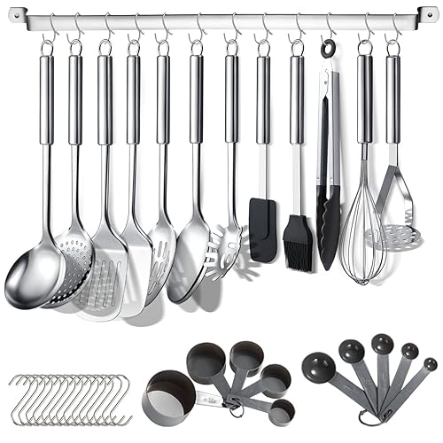 Berglander Kitchen Utensils Set 38 Pieces, Stainless Steel Cooking Utensils Set, Kitchen Gadgets Cookware, Kitchen Tool Set with Utensil Holder Rack and Hooks for Hanging Dishwasher Safe - 1. Silver