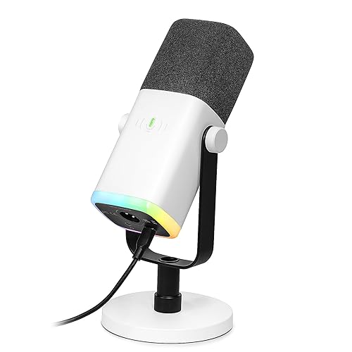 FIFINE USB/XLR Streaming Micro Dynamique pour PC, RGB Cardioïde Microphone pour Gaming, Podcasting, Broadcasting, Enregistrement Vocal, pour PS4/5 Mac PC Mixer Cartes Son - Blanc - Micro - white