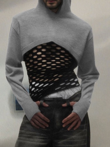 Mens Sheer Mesh Patchwork Long-Sleeve Hoodie SKUK87164 | Gray / L