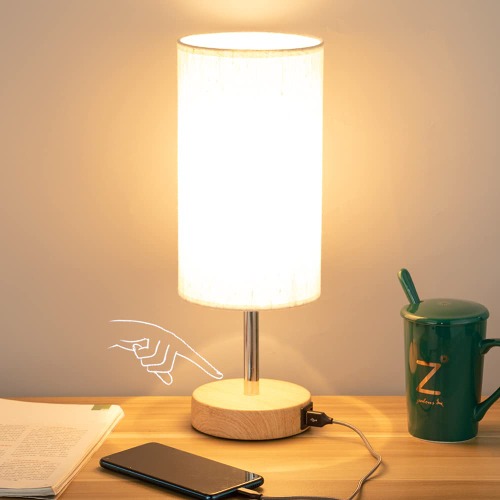 Yarra-Decor Bedside Lamp with USB Port - Touch Control Table Lamp for Bedroom Wood 3 Way Dimmable Nightstand Lamp with Round Flaxen Fabric Shade for Living Room, Dorm, Home Office (LED Bulb Included) - Brown