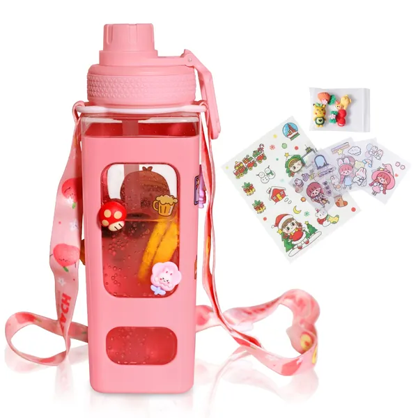 Kawaii Water Bottle for Girls Cute Kids Water Bottles with Straw,Cute Water Leak Proof Bottles Portable Leakproof Water Jug for School Gifts For Kids Girls Boys (700ml, Pink) - 700ml Pink