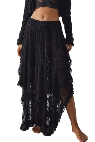 R.Vivimos Women Lace Long Skirts Summer Elastic Asymmetrical Layered Hem Sexy See-Through Beach Floral Maxi Skirts - Small - Black