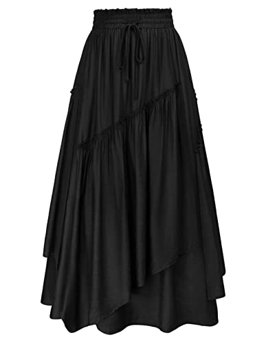 Scarlet Darkness Women Renaissance Layered Long Skirt Elastic High Waist Tiered Skirt with Pockets - Small - Black