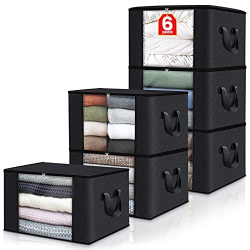 Fab totes 6 Pack Clothes Storage, Foldable Blanket Storage Bags, Storage Containers for Organizing Bedroom, Closet, Clothing, Comforter, Organization and Storage with Lids and Handle, Black - 6pack - Black