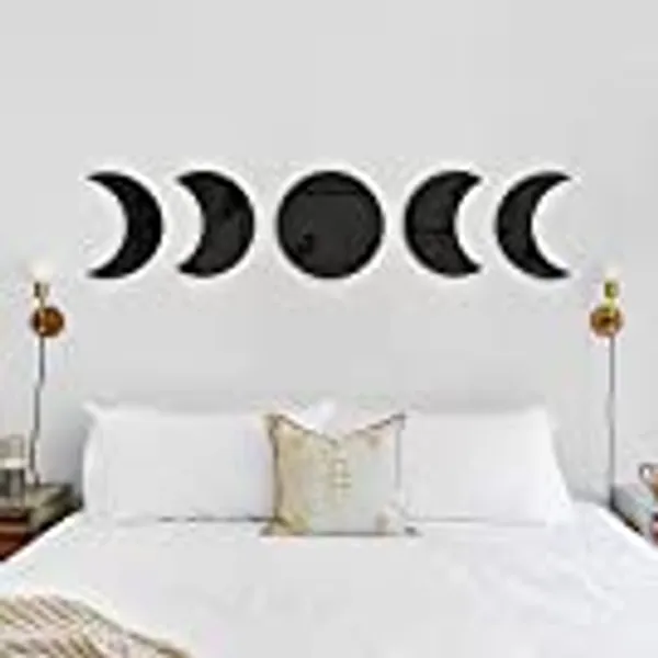 RTMISA Moon Phases Mirror Set Boho Decor Halloween Scandinavian Natrual Black Wall Decorations Nordic Style Moon Wall Sticker Interior Design for Home Living Bed Room Nursery, Not Real Mirror