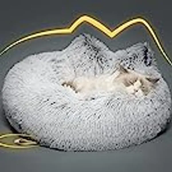 Lazy Rabbit Upgrade Cat Dog Bed for Indoor Cats, Small Dogs, Fluffy Calming Self Warming Round Cushion（24 inch , Machine Washable, Non-Slip, Gradual Grey Color