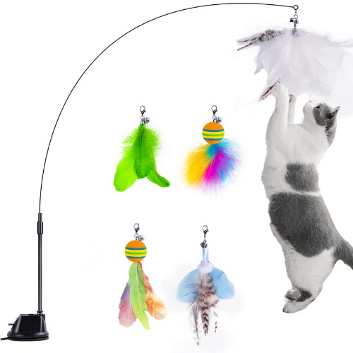 LONENESSL 5 Pcs Cat Toys, Feather Teaser Cat Toy, Interactive Cat Toy Cat Feather Sucker Toy with Bell, Interactive Kitten Funny Teaser Wand for for Indoor Cats with 4 Replacements Kitten Toys