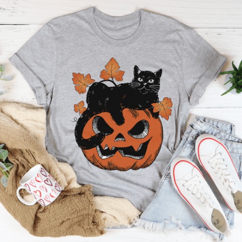 Pumpkin Cat Tee - Athletic Heather / L