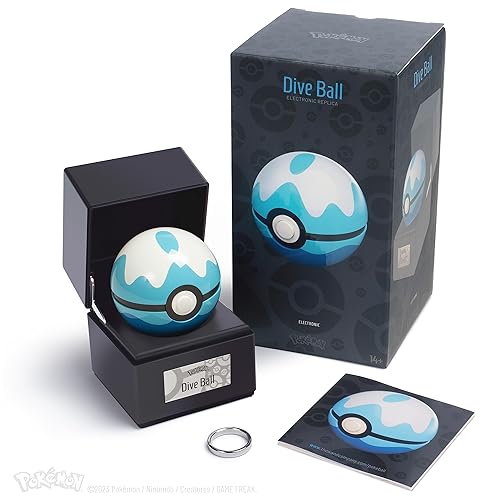 The Wand Company Original Poké Ball Authentic Replica - Realistic, Electronic, Die-Cast Poké Ball with Display Case Light Features – Officially Licensed by Pokémon (Dive Ball) - Dive Ball