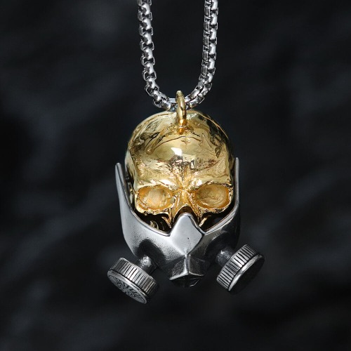 Gas Mask Skull Stainless Steel Pendant - Silver + Gold / With Chain