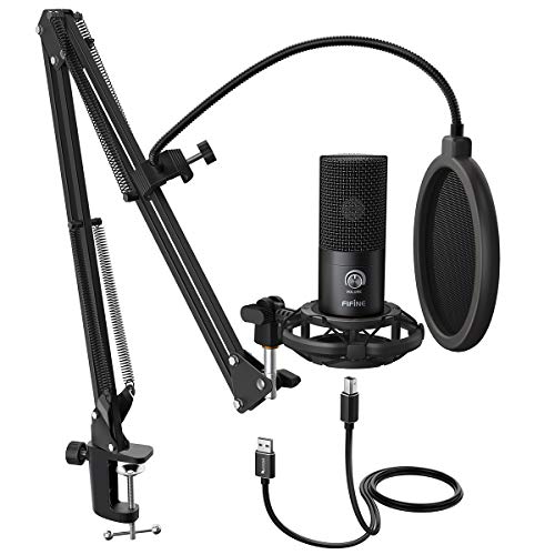 FIFINE Studio Condenser USB Microphone Computer PC Microphone Kit with Adjustable Boom Arm Stand Shock Mount for Instruments Voice Overs Recording Podcasting YouTube Vocal Gaming Streaming-T669 - Black