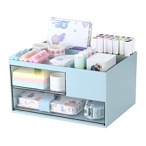Comix Desk Organizer, with 2 drawers,4 compartments,large capacity Plastic Makeup Organizer, used for Jewelry, Remote Control,Mobile Phone,Pens,Notebook,Stationery Storage Box(Blue) - Blue