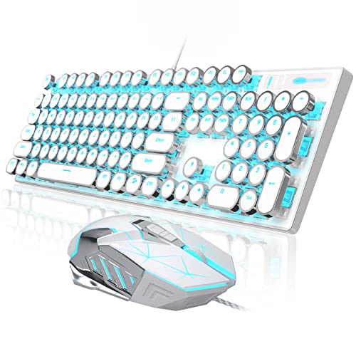 Retro Typewriter Keyboard and Mouse Combo, Cute White Keyboard with Linear Red Switches, Full Size Wired Mechanical Gaming Keyboard, Cool Light Up Keyboard and Mouse for Gaming,Work,Mac,PC,Windows - white set
