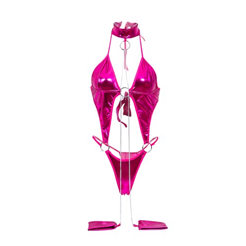 Zzalalana Women's Plus Size Patent Leather Lingerie with Handcuff Sexy Halterneck Cut Out Teddy Bodysuit BDSM Bondage Strappy - Hot Pink - 3X-Large