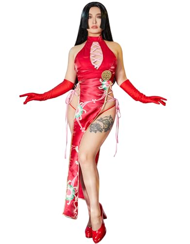 Mobbunny Women's Cheongsam Style Halter High Slit Dress Outfit Anime Cosplay Costume Halloween - X-Large - Red