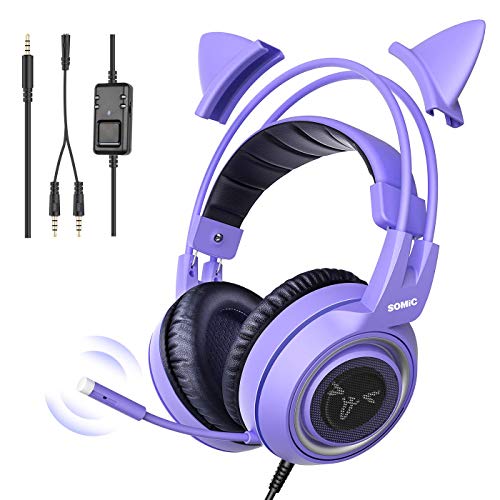 SOMIC G951S Purple Stereo Gaming Headset with Mic for PS4, PS5, Xbox One, PC, Phone, Detachable Cat Ear 3.5MM Noise Reduction Headphones Computer Gaming Headphone Self-Adjusting Gamer Headsets - Purple