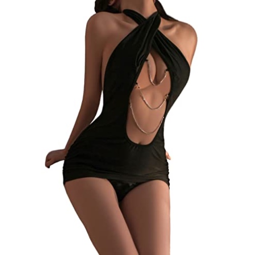 Women's Deep V Neck Halter Backless Mini Dress for Women Party Night Sexy Club Bodycon - Black