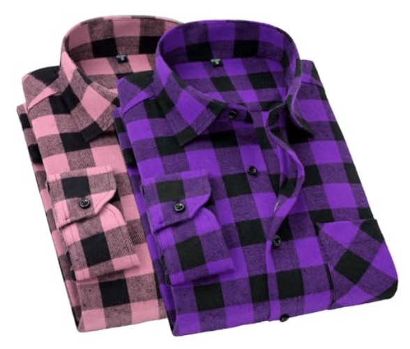 Cromoncent Men's Casual Plaid Flannel Button Down Shirt - XX-Large - 2pcs-purple Pink