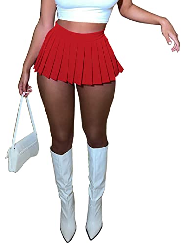 Mini Skirt for Women, Pleated Mini Skirt, Womens Girl Y2k Short Skirts, Skater A-line Micro Skirt - X-Large Short - Red