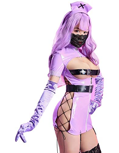 MEOWCOS Women's Nurse Costume Purple Nurse Uniform Costume Outfit with Belt And Lace-up Face Cover Cosplay Costume Outfit - Purple - X-Large