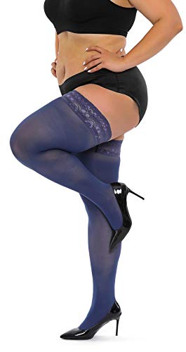 HONENNA Plus Size Thigh High Stockings, Semi Sheer Stay Up Lingerie Lace Top Pantyhose for Women, 1-2 Pairs - X-Large-XX-Large - 1 Pair - Navy Blue