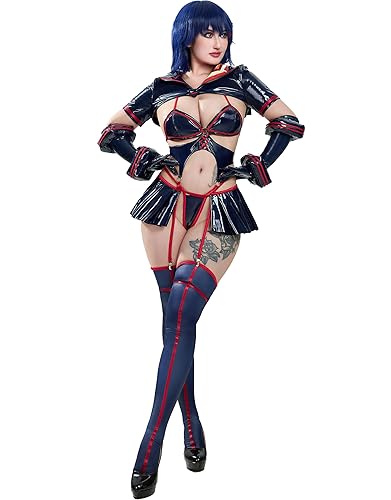 Mobbunny Anime Derivative Cosplay Costume Hollow Bodysuit Top and Skirt with Panty and Gloves - X-Large - Dark Blue