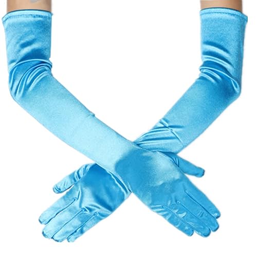 DreamHigh Women's Evening Party Mittens 21" Long Black/White Satin Finger Gloves - Light Blue