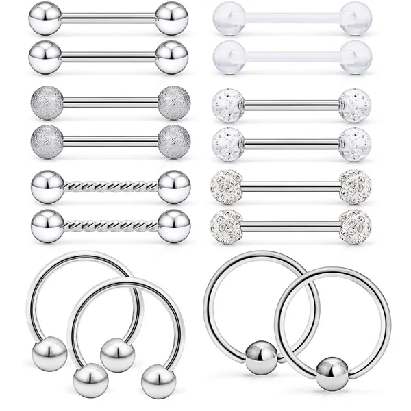 Ftovosyo 16Pcs Nipple Ring 14G Surgical Steel Tongue Nipplerings Barbell Bar Hoop Rings Retainer Piercing Jewelry for Women Men 14MM (9/16 Inch) - A:8 pairs/silver-tone