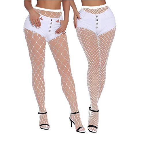 EVERSWE High Waist Fishnet Tights Thigh High Stockings Suspender Pantyhose - Large-X-Large - White(large Gride+medium)