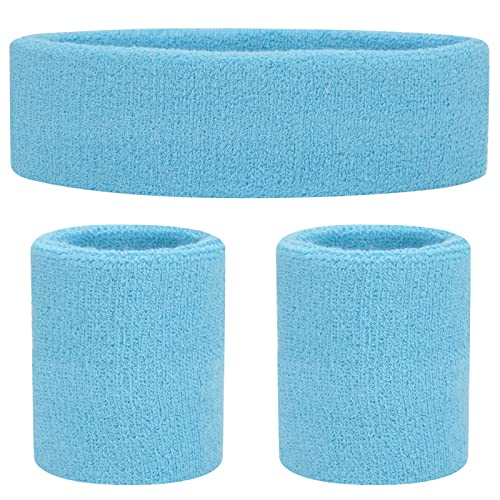 ONUPGO Sweatbands Set Headband Wristbands Neon Sports Fitness 80s Costumes Accessories 80s Workout Outfit for Men Women - Light Blue 2897