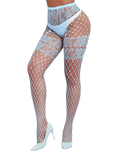ChiaoLezhee Sexy Wide Fishnet Tights, Floral Lace Garter Stockings For Women, Fishnets Fish Net Fits 0-18 - Light Blue