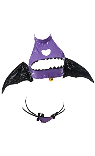 MEOWCOS Women Lingerie Set Sexy Anime Bat Devil Turtleneck Open Chest Lingerie with Hair Ring and Bat Wings - Large-X-Large - Black and Purple