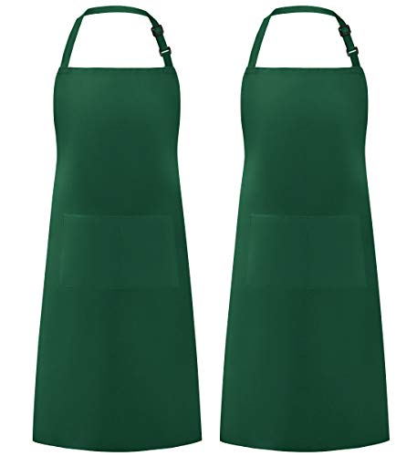 Syntus 2 Pack Adjustable Bib Apron Waterdrop Resistant with 2 Pockets Cooking Kitchen Aprons for BBQ Drawing, Women Men Chef, Dark Green - Dark Green - Polyester