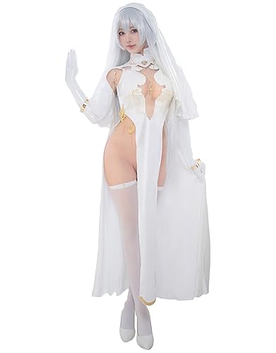 Mobbunny Women Nun Cosplay Lingerie Costume Halloween High Slit Dress Set with Veil Necklace Socks - X-Large - White