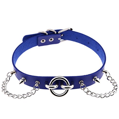 FM FM42 Multicolor 0.75" Width PU Simulated Leather Rivets O Ring Chains Neckband Choker Necklace - Royal-blue