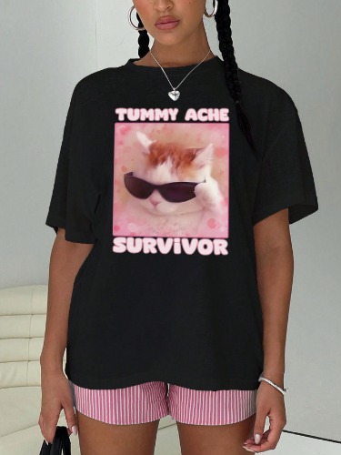 INAWLY Plus Size Casual Cat & Letter Print Short Sleeve T-Shirt, For Summer