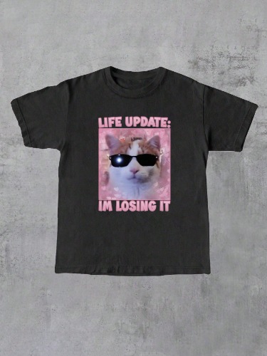 INAWLY Plus Size Casual Cat & Letter Print Short Sleeve T-Shirt