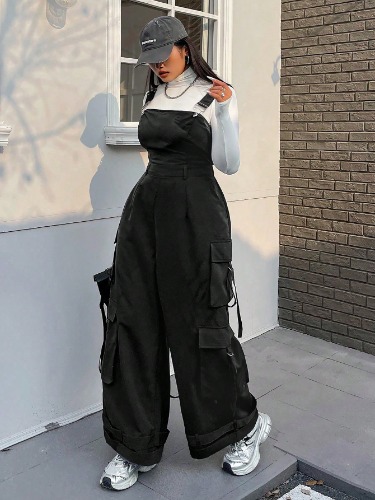 POPSWAY Adjustable Shoulder Strap Plus Size Gray Straight Leg Jumpsuit