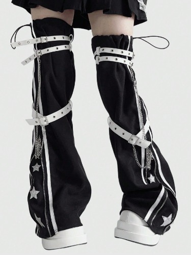 ROMWE Goth 1 Pair Punk Style Starry Over-Knee Leg Warmers With Zipper Leg Warmers, Fashionable And Unique, Suitable For Daily Wear And Festive Party Dressing, With Metal Chain Decoration