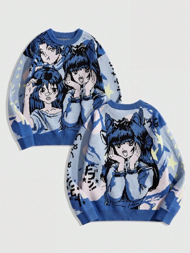 ROMWE Anime Men's Pullover Long Sleeve Casual Sweater