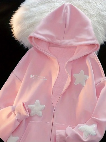 INAWLY Plus Size Women's Pink Letter & Star Print Drop Shoulder Long Sleeve Thermal Lined Hoodie Sweatshirt, Autumn/Winter