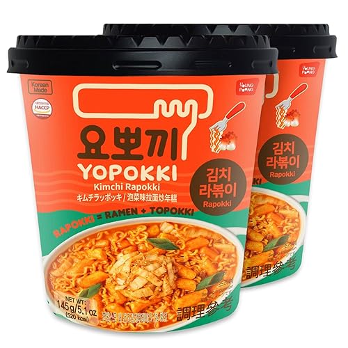 Yopokki Instant Rabokki Cup (Kimchi, 2 Cups) Korean Street food with Kimchi flavored sauce Ramen Noodle Topokki Rice Cake - Quick & Easy to Prepare