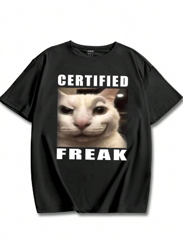 INAWLY Plus Size Women Casual Round Neck Short Sleeve T-Shirt With Evil Smiling Cat & Slogan Graphic Print, Spring/Summer